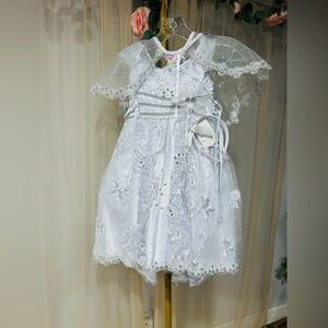 Tip Top USA White Baptism Dress with Cape & Headband – Virgin Mary Embroidery